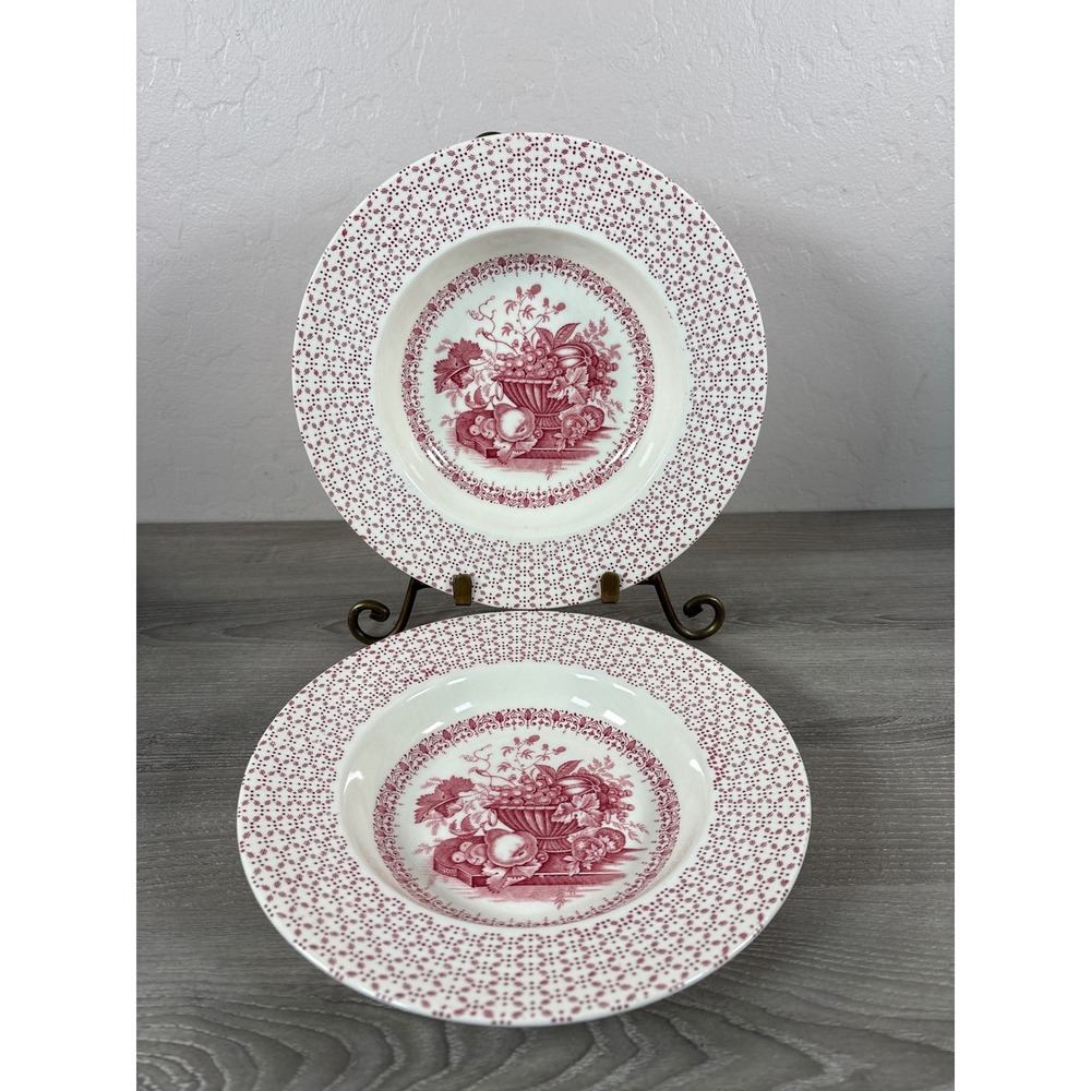 Empire England Beverley Red Transferware Soup Bowls Set of 2 Fruit Basket 9in